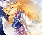  animal_ears blonde_hair dress fox_tail hat multiple_tails nerugal short_hair solo tail touhou yakumo_ran yellow_eyes 