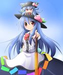  :3 animal_ears bad_id bad_pixiv_id blue_hair dress food fruit hat highres hinanawi_tenshi long_hair minigirl on_head peach person_on_head pic2_toshi solo sword_of_hisou tail touhou weapon 