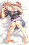  anjou_naruko ano_hi_mita_hana_no_namae_wo_bokutachi_wa_mada_shiranai. ayano_naoto bare_shoulders barefoot bed_sheet blush brown_eyes brown_hair casual feet foreshortening game_boy_advance_sp hair_twirling handheld_game_console holding lying nail_polish off_shoulder on_back pillow shirt shorts soles solo t-shirt toenail_polish toes twintails 