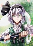  black_hairband bow embellished_costume ghost green_eyes hair_bow hairband katana konpaku_youmu konpaku_youmu_(ghost) scabbard sheath short_hair silver_hair solo sukocchi sword touhou tsurime unsheathing upper_body vest weapon 