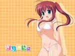  bikini blue_eyes blush breasts brown_hair cleavage ekolu long_hair medium_breasts nanika_modoki navel open_mouth original ponytail side-tie_bikini sideboob solo swimsuit underboob v 