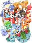  4boys artist_request black_eyes black_hair blastoise blue_(pokemon) brown_eyes brown_hair bulbasaur charizard charmander charmeleon dual_persona gen_1_pokemon ivysaur multiple_boys multiple_girls ookido_green pokemon pokemon_(creature) pokemon_(game) pokemon_rgby red_(pokemon) red_(pokemon_rgby) squirtle venusaur wartortle 