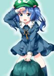  1girl :d backpack bag bangs blue_eyes blue_footwear blue_hair blue_shirt blue_skirt blush boots collared_shirt flat_cap frilled_shirt_collar frills green_hat hair_bobbles hair_ornament hand_on_forehead hat highres kawashiro_nitori key knee_boots long_sleeves medium_hair open_mouth pocket puffy_sleeves rubber_boots ruu_(tksymkw) shirt short_twintails sidelocks simple_background skirt skirt_set smile solo sweat teal_background touhou twintails two_side_up wiping_forehead 