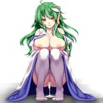  after_sex ahegao ahoge blush breasts cum cum_in_pussy cum_pool cumdrip detached_sleeves frog_hair_ornament green_hair hair_ornament highres kochiya_sanae large_breasts long_hair nipples pussy revision snake solo squatting sweat thighhighs tongue tongue_out touhou tro yellow_eyes 