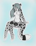  anthro blue_eyes breasts cute feline female hair_over_eye leopard mammal mizumi nude pinup pose sitting snow_leopard solo 
