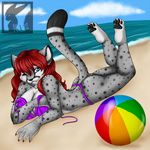  beach beach_ball bikini blue_eyes cheetah clothed clothing feline female hair mammal one_eye_closed red_hair sand seaside seductive skimpy solo swimsuit undressing water 