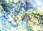  blonde_hair blue_eyes blue_hair blush bow braid cloud dress dutch_angle fifiruu hair_bobbles hair_ornament highres kawashiro_nitori kirisame_marisa long_hair multiple_girls no_hat no_headwear open_mouth short_hair sky smile star_(sky) starry_sky stream touhou tree two_side_up wading water water_wheel yellow_eyes younger 