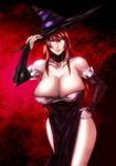  breasts curvy dragon&#039;s_crown dragon's_crown dress female gradient gradient_background hat huge_breasts okai red_hair solo sorceress_(dragon&#039;s_crown_ sorceress_(dragon's_crown) strapless_dress vanillaware witch_hat 