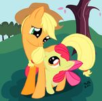  applebloom_(mlp) applejack_(mlp) cub equine female feral friendship_is_magic grass horse mammal my_little_pony nullh pony sibling siblings sisters tree wood young 