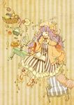  apple candle chair checkerboard_cookie closed_eyes cookie food fruit hat index_finger_raised long_hair multicolored_hair patchouli_knowledge pincushion sewing_kit solo star striped striped_background table takanashi_minato teapot touhou yarn yarn_ball 