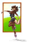  brown_hair canine dancing english_text female hair hindpaw kissaartist mammal paws piercing smile solo text wolf 