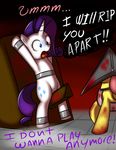  blood bondage bound cosplay crossover cutie_mark dialog english_text equine female feral fluttershy_(mlp) friendship_is_magic horn horse imminent_rape kloudmutt mammal my_little_pony parody pony pyramid_head rarity_(mlp) scared silent_hill_2 text torture unicorn 