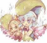  bad_id bad_pixiv_id blue_dress blue_eyes blue_hair blush bow chibi cirno daiyousei dress flower green_eyes green_hair hair_bow hydrangea leaf_umbrella masirosu multiple_girls necktie open_mouth pointing rain short_hair side_ponytail snail touhou wings 