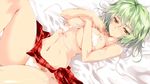  bed_sheet bikini bow breasts front-tie_top green_hair highres kazami_yuuka large_breasts lying matsuno_canel navel on_back plaid red_eyes short_hair side-tie_bikini skirt smile solo swimsuit touhou untied 