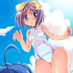  blue_eyes blue_hair day from_below hiiragi_tsukasa izumi_konata lucky_star mole mole_under_eye multiple_girls one-piece_swimsuit purple_hair school_swimsuit short_hair swimsuit urase_shioji white_school_swimsuit white_swimsuit 