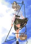  animal_ears bad_id bad_pixiv_id basket capelet dowsing_rod from_behind grey_hair highres kneepits legs light_rays moss_(sphere211) mouse mouse_ears mouse_tail nazrin red_eyes serious short_hair skirt sky solo standing sunbeam sunlight tail touhou wind 