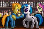  alcohol bar bodysuit equine female friendship_is_magic goggles horse john_joseco my_little_pony pegasus pink_hair skinsuit spitfire_(mlp) unicorn vinyl_scratch_(mlp) wings wonderbolts_(mlp) 