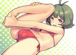  akizuki_ryou antenna_hair bad_id bad_pixiv_id barefoot bikini blush bulge fang feet foreshortening green_eyes green_hair hands hands_on_feet holding_own_foot idolmaster idolmaster_dearly_stars kaida_bola leg_grab leg_up male_focus navel open_mouth otoko_no_ko plantar_flexion short_hair side-tie_bikini smile solo swimsuit 