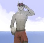  anthro beach canine eyewear hat male mammal ocean panchi-tiger pose sea seaside sky solo sunglasses superslickslasher topless volleyball water wolf 