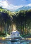  1girl absurdres boat character_request cloud day dianna_soreil dock forest gundam highres house loran_cehack nature scenery streamingsun sun tree turn_a_gundam water watercraft 