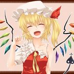 :d blonde_hair blush closed_eyes face fang flandre_scarlet happy hat laevatein miyo_(ranthath) necktie open_mouth short_hair side_ponytail smile solo torn_clothes touhou upper_body wings 