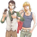  aka_hisagi bad_id bad_pixiv_id barnaby_brooks_jr belt blonde_hair bracelet brown_eyes brown_hair cabbie_hat colored_pencil_(medium) facial_hair glasses green_eyes hand_in_pocket hat jacket jewelry kaburagi_t_kotetsu male_focus midriff multiple_boys necklace necktie red_jacket stubble studded_belt tank_top tiger_&amp;_bunny traditional_media vest watch wristwatch 