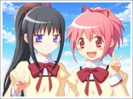  :/ :d akemi_homura alternate_hairstyle bad_id bad_pixiv_id black_hair blush border bow cloud day expressionless hachiya_mei hair_ornament hair_ribbon jitome kaname_madoka long_hair looking_at_viewer mahou_shoujo_madoka_magica multiple_girls open_mouth outdoors pink_eyes pink_hair ponytail purple_eyes ribbon school_uniform short_hair shy sky smile tareme v 