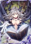  &gt;:) akkijin bare_shoulders black_cape blue_eyes book boots breasts cape cleavage demon_girl demon_horns forest gloves glowing grimoire horns jewelry large_breasts looking_at_viewer looking_up nature necklace official_art shinkai_no_valkyrie silver_hair white_gloves wizard 