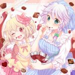  2girls ;d ahoge almond apron arms_up blonde_hair blue_eyes blush bowl braid breasts checkerboard_cookie chocolate chocolate_making cleavage commentary_request cookie finger_licking flandre_scarlet food hair_ribbon head_scarf head_tilt holding holding_bowl izayoi_sakuya licking long_sleeves looking_at_viewer looking_to_the_side medium_breasts mike_(mikenekotei) mixing_bowl multiple_girls no_wings one_eye_closed open_mouth oven_mitts plaid plaid_skirt puffy_short_sleeves puffy_sleeves red_eyes ribbon shirt short_hair short_sleeves side_ponytail silver_hair single_braid skirt sleeves_rolled_up smile striped_apron thumb_to_mouth touhou tress_ribbon two-tone_background upper_body upper_teeth white_shirt yellow_apron 