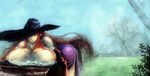  ass ass_up breast_rest breasts curvy dragon&#039;s_crown dragon's_crown female gigantic_breasts hat huge_breasts long_hair nature outdoors paint painting plant red_hair sky solo sorceress sorceress_(dragon&#039;s_crown) sorceress_(dragon's_crown) top-down_bottom-up traditional_media traditional_medium vanillaware 