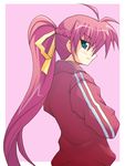  artist_request blue_eyes long_hair lyrical_nanoha mahou_shoujo_lyrical_nanoha mahou_shoujo_lyrical_nanoha_a's mahou_shoujo_lyrical_nanoha_strikers pink_hair ponytail ribbon signum smile solo sport 