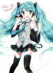  aguri_(aguri0406-aoi) aqua_eyes aqua_hair bad_id bad_pixiv_id blush detached_sleeves hatsune_miku headphones headset long_hair microphone music necktie open_mouth simple_background singing skirt solo thighhighs twintails very_long_hair vocaloid zettai_ryouiki 