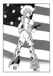  ass breasts chaps covering cowboy_hat cowgirl female full_body gun hat highres large_breasts long_hair looking_back lupin_iii mine_fujiko monochrome no_bra no_panties rippadou smile solo standing tms_entertainment weapon western 
