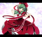  bad_id bad_pixiv_id blush bow colorized dress frills front_ponytail fruits_punch green_eyes green_hair hair_ribbon ishikkoro kagiyama_hina letterboxed open_mouth red_dress ribbon solo touhou 