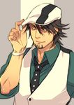  brown_eyes brown_hair cabbie_hat facial_hair hat hiryuu_(kugelcruor) kaburagi_t_kotetsu male_focus necktie smile solo stubble tiger_&amp;_bunny vest 