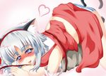  animal_ears armpits blue_eyes blush bow cat_ears cat_tail clothes_writing commentary_request cosplay detached_sleeves girl_on_top hair_bow hakurei_reimu hakurei_reimu_(cosplay) heart highres kemonomimi_mode konpaku_youmu lilybell midriff silver_hair solo tail tears tongue touhou translation_request 