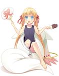  :o barefoot blonde_hair blue_eyes costume fan flat_chest food fujishiro_touma hair_ribbon ice_cream kyubey long_hair mahou_shoujo_madoka_magica open_mouth paper_fan personification ribbon solo sweat swimsuit tareme translated twintails uchiwa zipper 