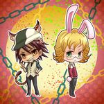  animal_ears barnaby_brooks_jr belt blonde_hair boots brown_eyes brown_hair bunny_ears bunny_tail cabbie_hat chain chibi extra_ears facial_hair fangs glasses green_eyes hat highres hiramayu jacket kaburagi_t_kotetsu kemonomimi_mode male_focus multiple_boys necktie red_jacket stubble tail tiger_&amp;_bunny tiger_ears tiger_tail v vest 