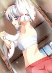  armpits blue_eyes bow cellphone commentary_request cosplay detached_sleeves dutch_angle hair_bow hakurei_reimu hakurei_reimu_(cosplay) highres himekaidou_hatate konpaku_youmu lilybell midriff phone sarashi silver_hair solo touhou translation_request when_you_see_it 