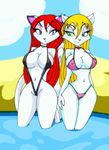  bikini blonde_hair blue_eyes breasts cat cleavage clothed clothing couple feline female fur green_eyes hair jessica_elwood jessica_elwood_(character) mammal red_hair seaside skimpy sling_bikini swimsuit tight_clothing white white_fur wide_hips 