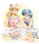  aino_minako bare_shoulders bespectacled bishoujo_senshi_sailor_moon blonde_hair blue_eyes blue_hair book bow casual cup dress eraser glasses green_eyes half_updo iced_tea miniskirt mizuno_ami multiple_girls pencil red_bow sadahara_ajiko skirt sleeveless striped 