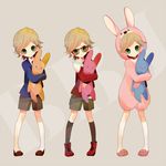  animal_costume bad_id bad_pixiv_id barnaby_brooks_jr belt blonde_hair bunny_costume child glasses green_eyes grey_legwear jacket kneehighs male_focus multiple_persona poco24 red_jacket shorts smile studded_belt stuffed_animal stuffed_bunny stuffed_toy tiger_&amp;_bunny white_legwear younger 