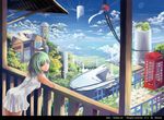  akizone bad_id bad_pixiv_id bird blue_eyes building cloud day dress green_hair leaning_forward light_smile looking_back original phone_booth scenery short_hair sky solo tree white_dress wind_chime 