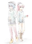  apple blue_eyes blue_hair boots casual dancho_(danch) food fruit hat highres mahou_shoujo_madoka_magica miki_sayaka multiple_girls navel ponytail red_hair sakura_kyouko short_hair thighhighs 