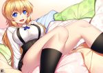  black_footwear blonde_hair blue_eyes blush breasts large_breasts long_hair looking_at_viewer open_mouth pillow regalia_the_three_sacred_stars skirt smile socks solo yuinshiel_asteria zerg309 