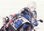  biker_clothes bikesuit blue_eyes colored_pencil_(medium) ground_vehicle izayoi_sakuya light_smile motor_vehicle motorcycle riding rpracing short_hair signature solo touhou traditional_media yamaha yamaha_yzf-r1 