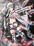  bad_id bad_pixiv_id bikini_top black_rock_shooter black_rock_shooter_(game) boots burning_eye glowing highres long_hair midriff navel outstretched_arm red_eyes reio_reio scythe shorts solo thighhighs twintails unzipped weapon white_hair white_rock_shooter zipper 