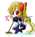 blonde_hair blue_dress blue_legwear blush_stickers bow chibi cleaning dress flandre_scarlet hair_bow ichimi maid mop red_eyes side_ponytail solo thighhighs touhou upskirt wavy_mouth wings 