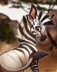  2018 ambiguous_gender blurred_background brown_eyes digital_media_(artwork) equine feral fur magenta7 mammal solo standing striped_fur stripes tree zebra 