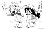  1boy 1girl :&gt; aiue0 asui_tsuyu barefoot black_hair blush blush_stickers boku_no_hero_academia bootie dress frog_girl graphite_(medium) hair_rings hand_holding hat kaminari_denki long_hair low-tied_long_hair millipen_(medium) multicolored_hair open_mouth pointing pointing_forward shirt short_hair smile spiked_hair straw_hat sundress t-shirt traditional_media two-tone_hair watering_can younger 